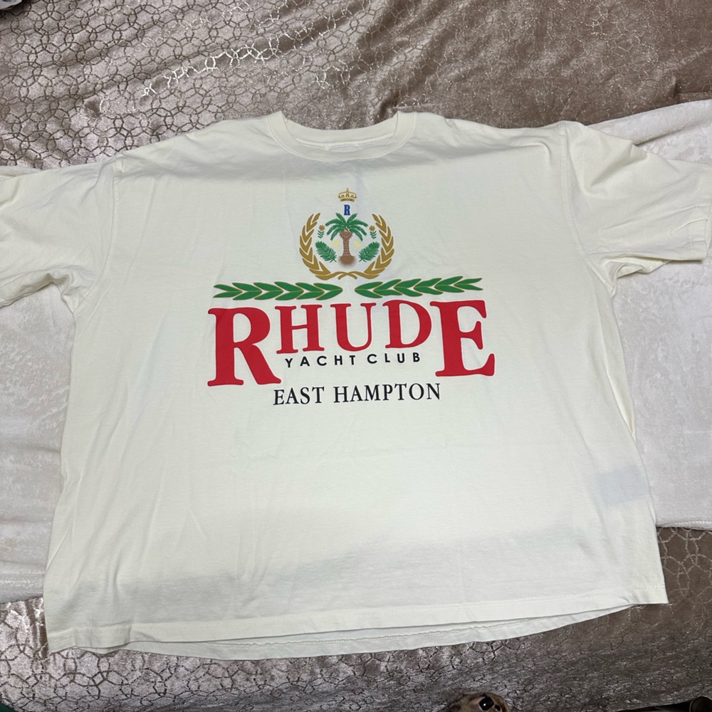 Rhude Cream Short Sleeve Tee with Red and Green Logo